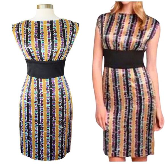 Trina Turk Silk Sleeveless Sheath Dress Workwear Cocktail Gold Black Purple - Picture 1 of 10